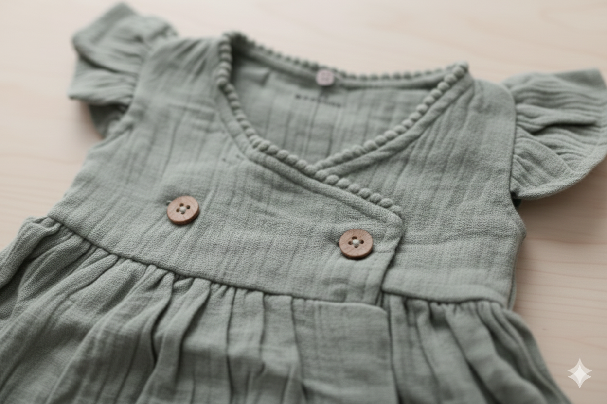 Green Muslin Pom Pom Baby Frock – Cross-Body Style Dress