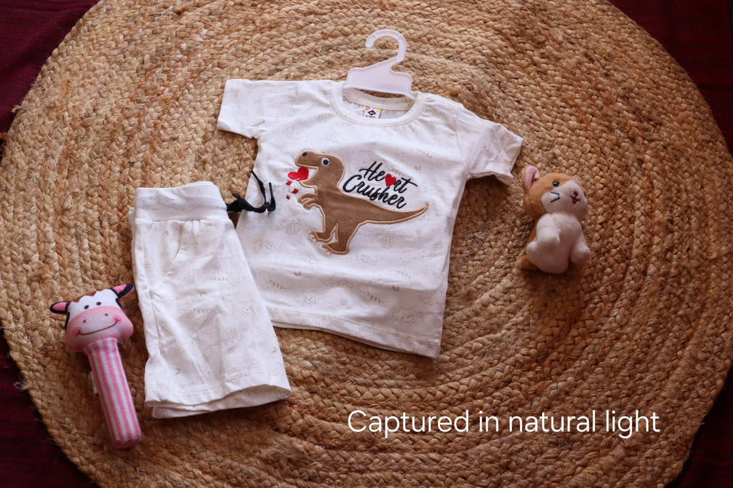 Heart Crusher Dino Kids Coord Set | Appliqué T-Shirt & Shorts | White