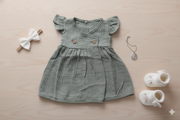 Green Muslin Pom Pom Baby Frock – Cross-Body Style Dress