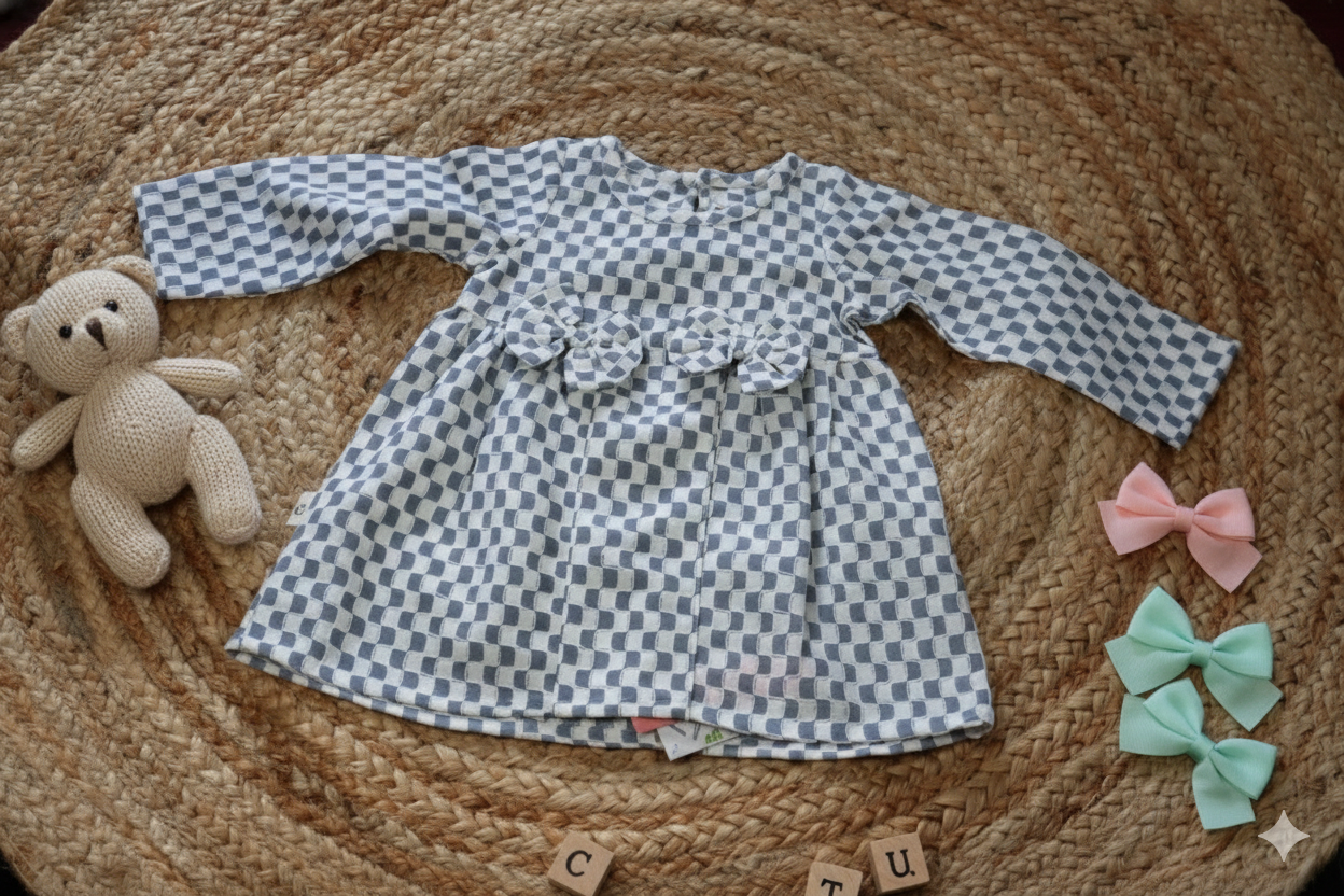 Sky Blue Check Smock Baby Dress – Full Sleeves Cotton