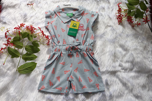 Girls Grey Lobster Print Knitted Cotton Jumpsuit