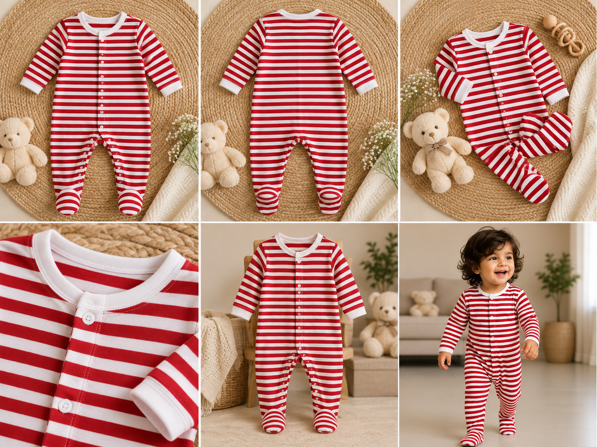 Baby Full Sleeve Footed Romper, Pack of 3, Polka Dot, Stripe & Pink (6-9 Months)