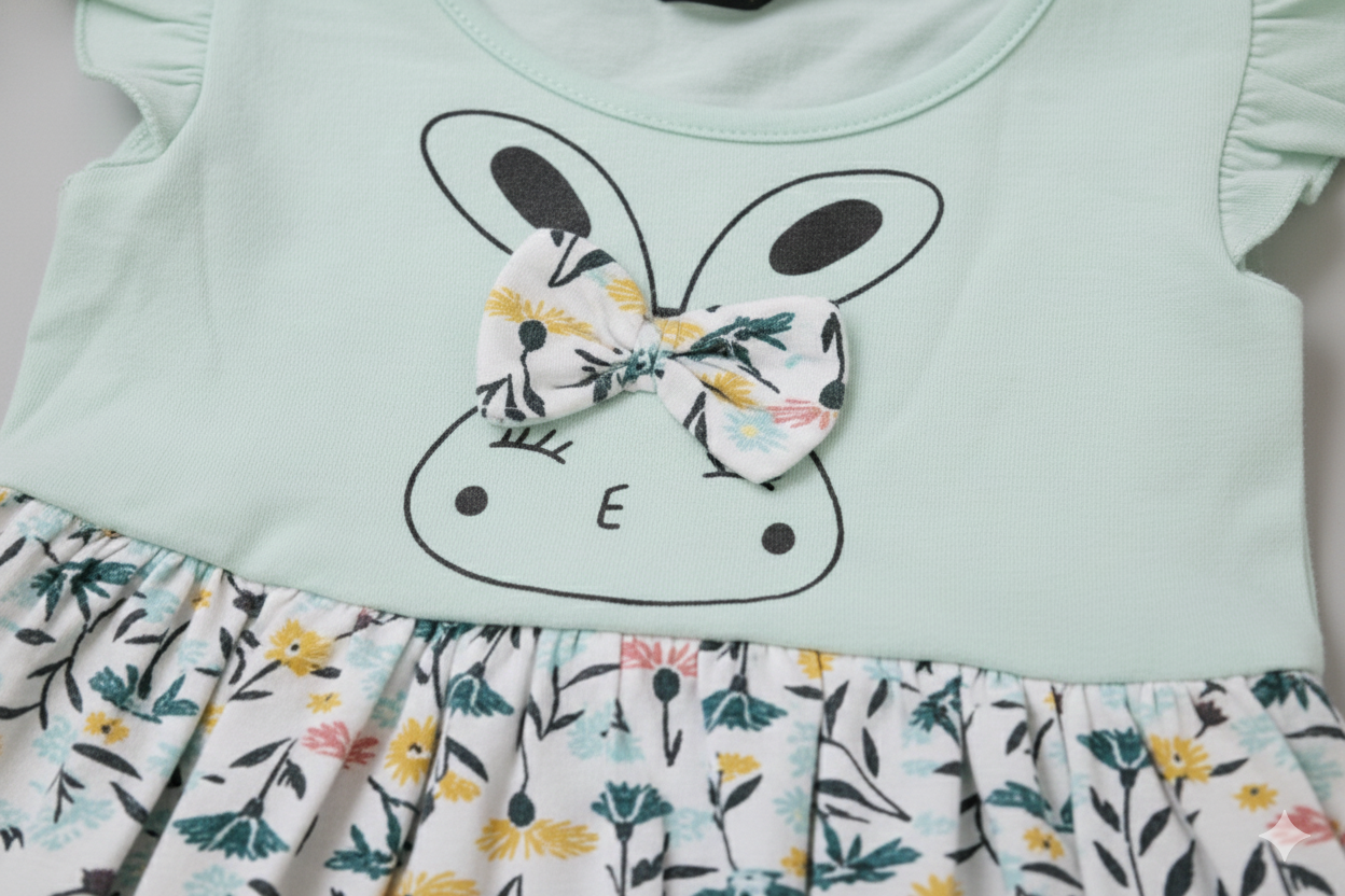 Cotton Baby Girl Frock with Floral Print & Bunny Design