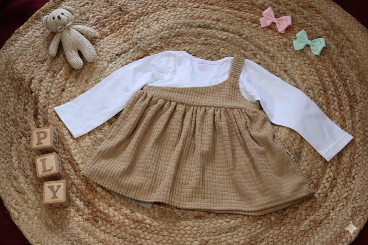 Brown Pinafore Baby Dress – White Inner Infant Outfit
