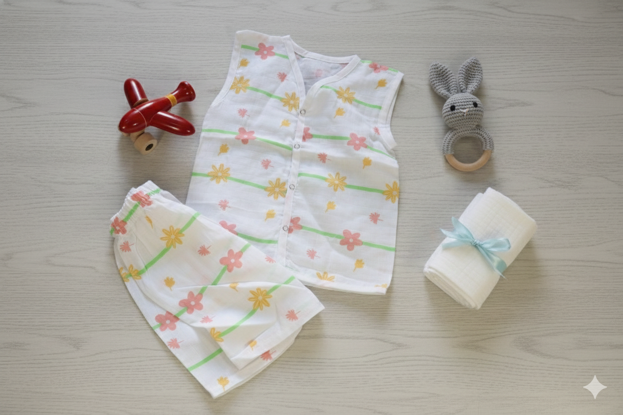 Muslin Sleeveless Jabla Short Set