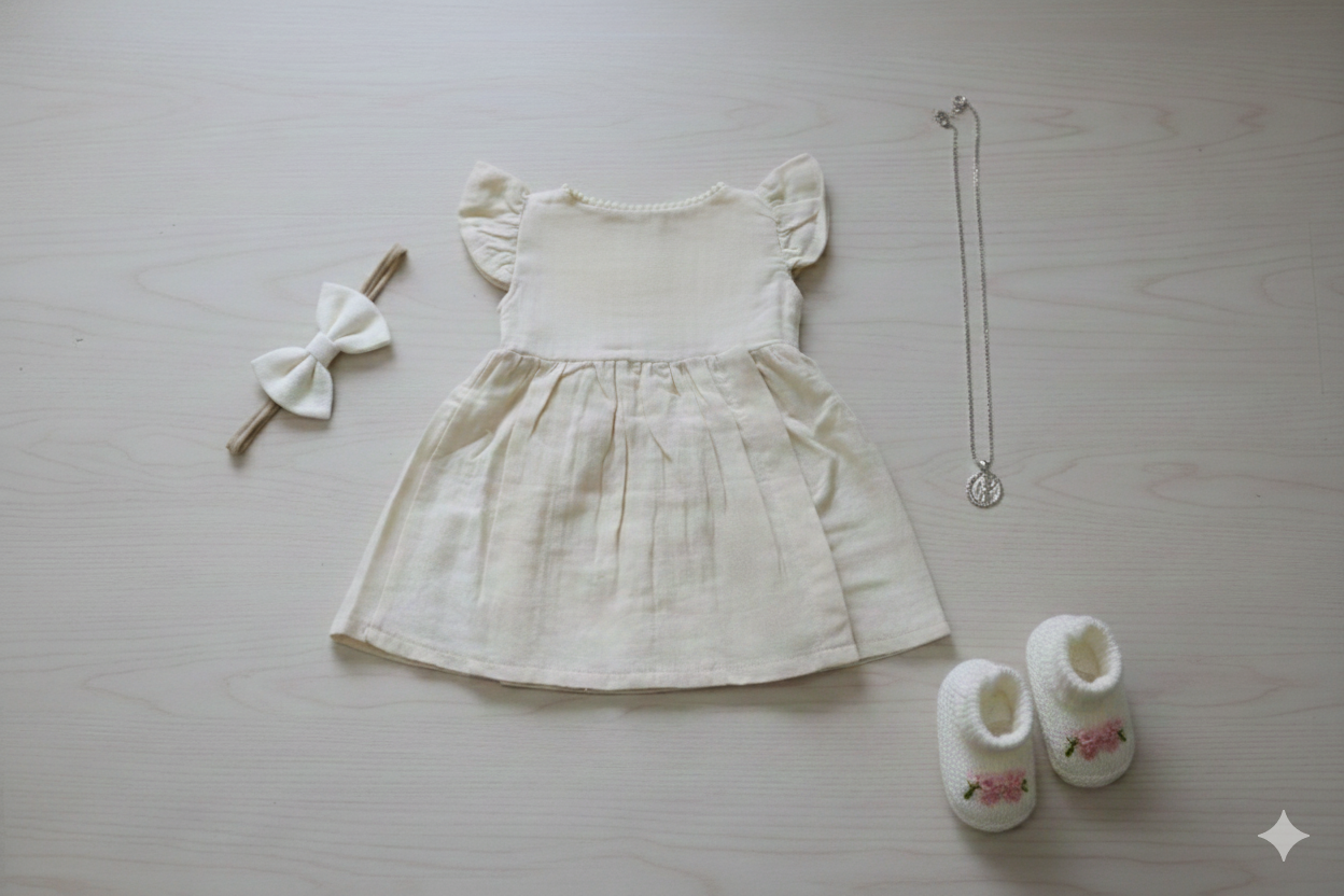 Cream Muslin Pom Pom Baby Frock – Cross-Body Style Dress