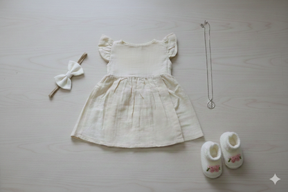 Cream Muslin Pom Pom Baby Frock – Cross-Body Style Dress – photo 4