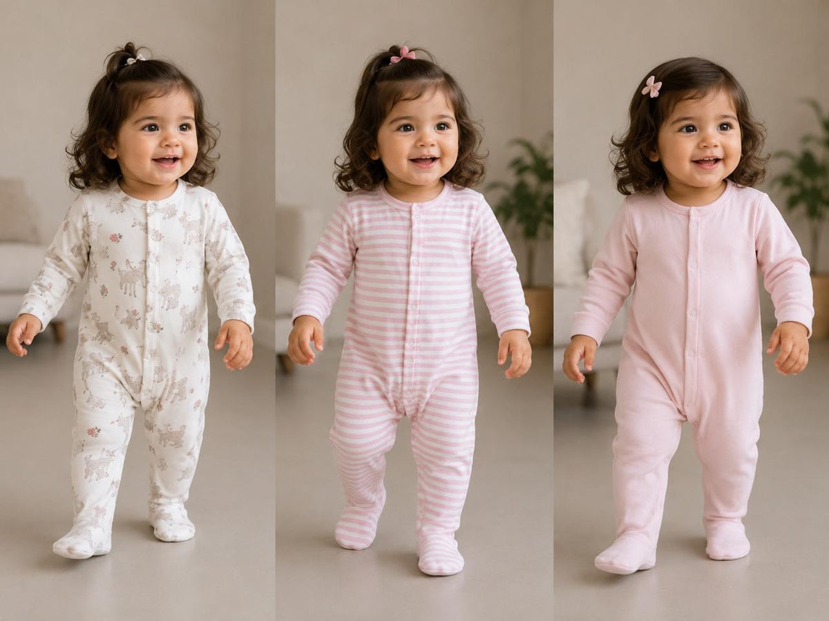 Soft Cotton Footed Sleepsuit Romper for Newborn Girls, Pack of 3, Pink Collection