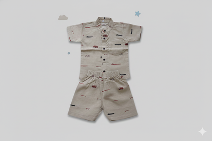 Muslin Chinese Collar Co-ord Set – Ash Green Car Print