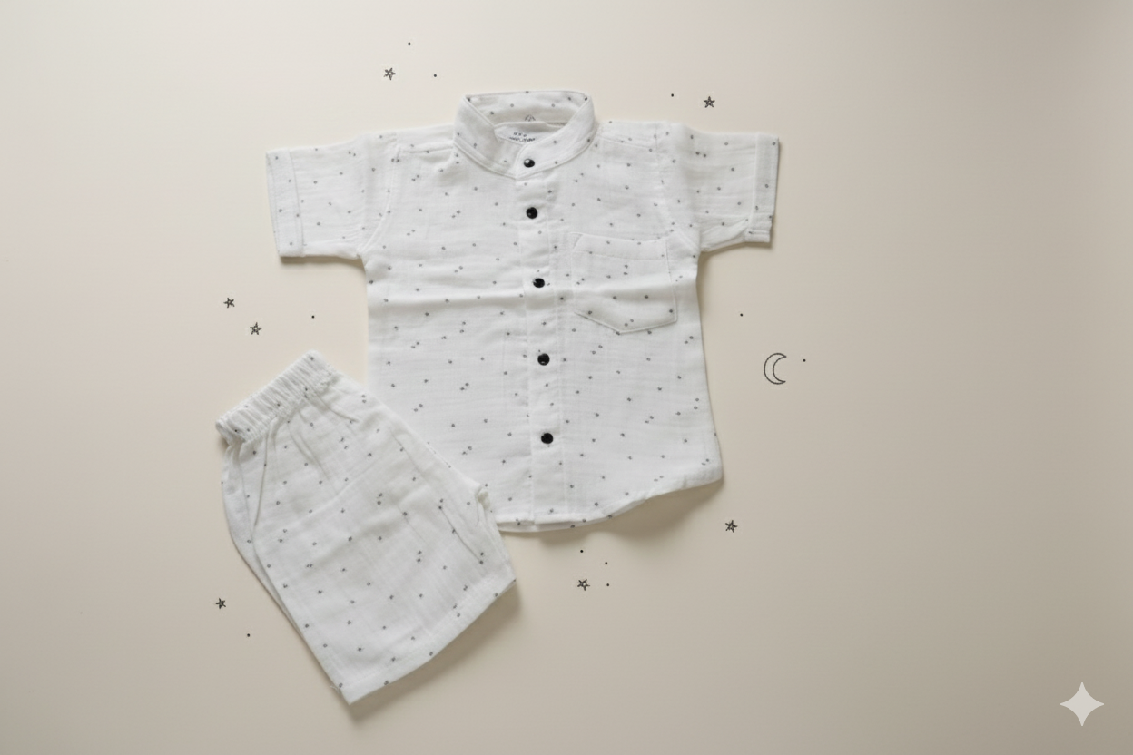 Muslin Chinese Collar Coord Set-White