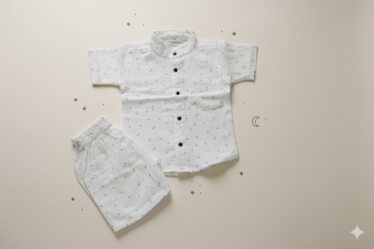 Muslin Chinese Collar Coord Set-White