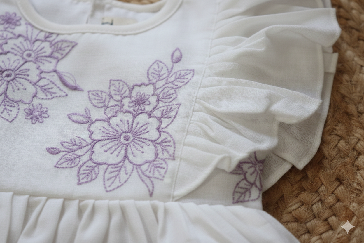 White Lilac Floral Baby Dress – Cotton Sleeved Frock