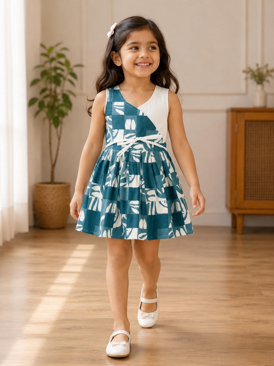 Teal Blue & White Cotton Girls Frock – Stylish & Comfortable