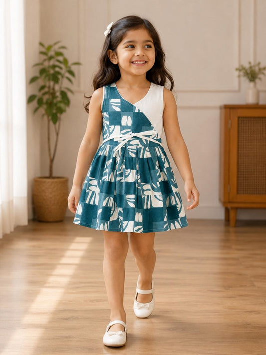 Teal Blue & White Cotton Girls Frock – Stylish & Comfortable