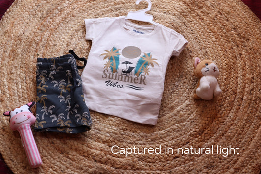 Orchestra Boys Summer Vibes Co-ord Set | Beach Print T-Shirt & Navy Shorts