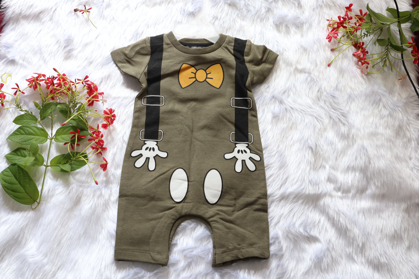 Baby Boys Olive Suspender Bow Tie Print Cotton Romper