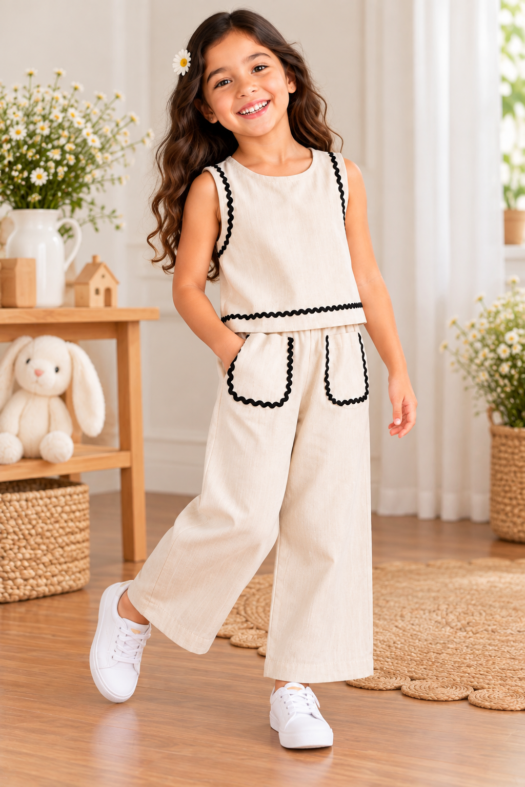 Girls’ Cotton Co-Ord Set – Sleeveless Top & Wide-Leg Pants