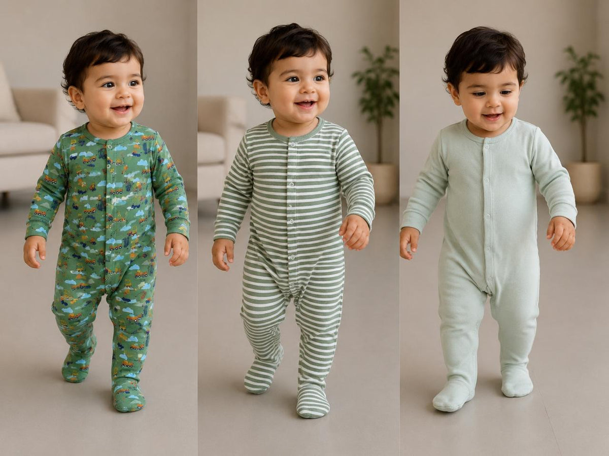 Soft Cotton Footed Sleepsuit Romper for Babies, Pack of 3, Green Collection