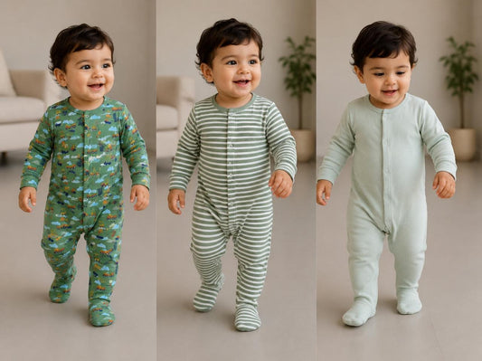 Soft Cotton Footed Sleepsuit Romper for Babies, Pack of 3, Green Collection