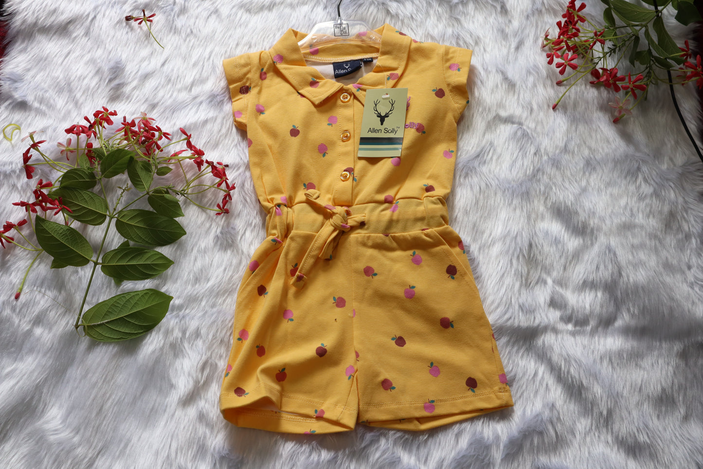 Girls Yellow Apple Print Knitted Cotton Jumpsuit