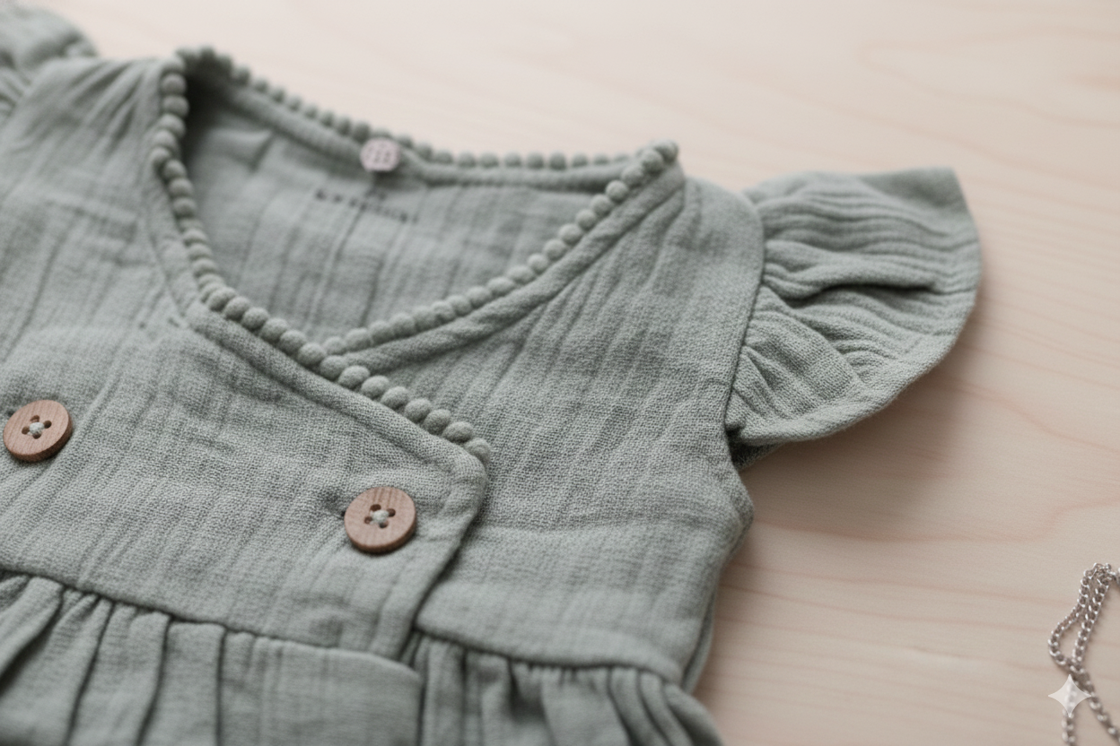 Green Muslin Pom Pom Baby Frock – Cross-Body Style Dress