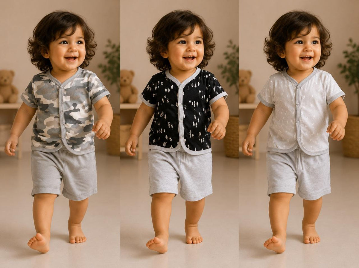 Soft Cotton Button-Front Shirt & Grey Shorts Co-ord Set for Babies, Pack of 3