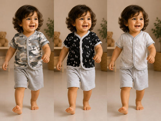 Soft Cotton Button-Front Shirt & Grey Shorts Co-ord Set for Babies, Pack of 3