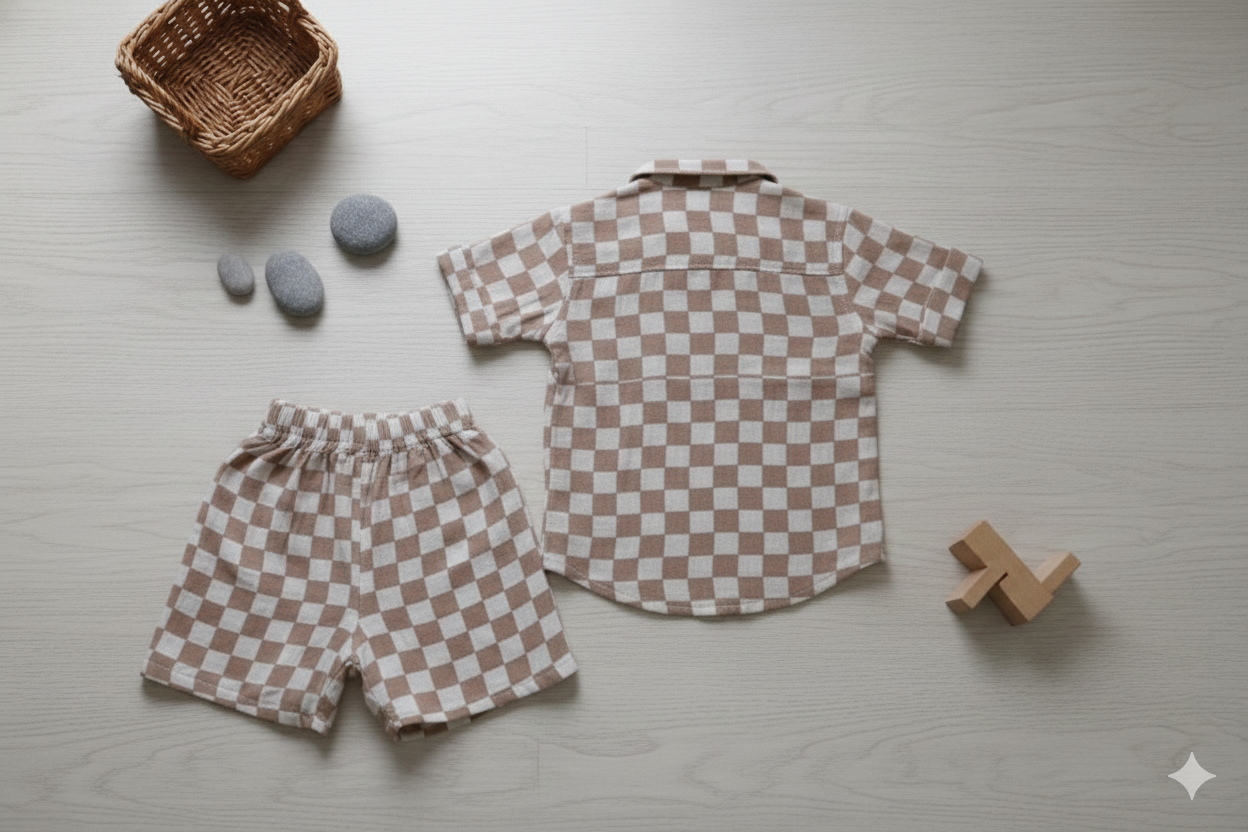 Muslin Chinese Collar Coord Set- Checks print