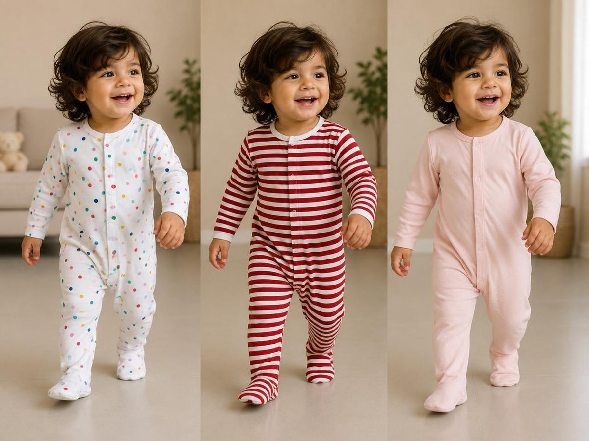 Baby Full Sleeve Footed Romper, Pack of 3, Polka Dot, Stripe & Pink (6-9 Months)