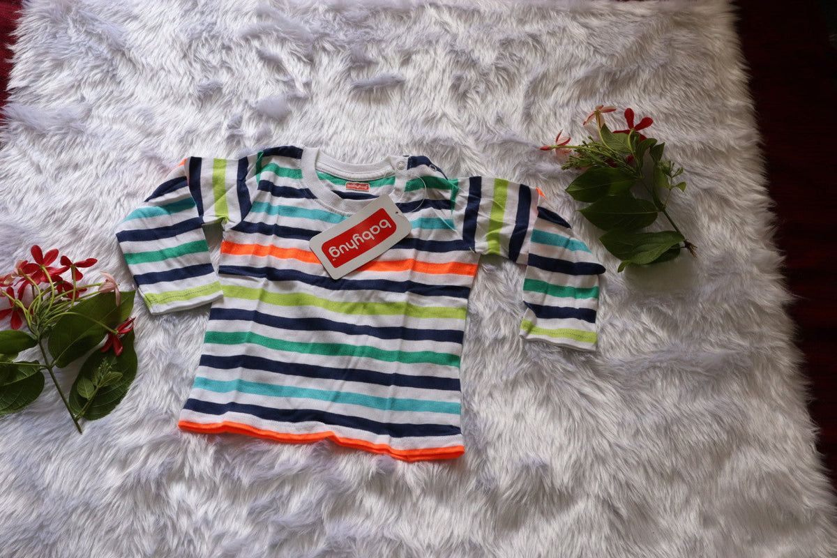 Babyhug Dinosaur Print Dungaree Set with Striped Full-Sleeve T-Shirt