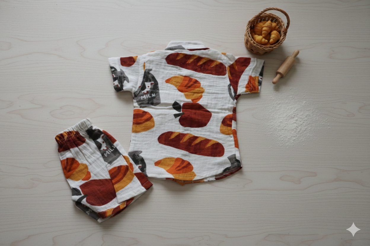 Muslin Chinese Collar Coord Set- Apple, bread Print