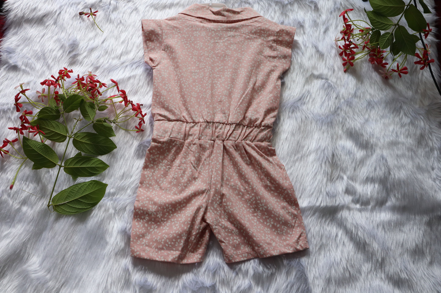Girls Pink Floral Knitted Cotton Jumpsuit with Tie Belt