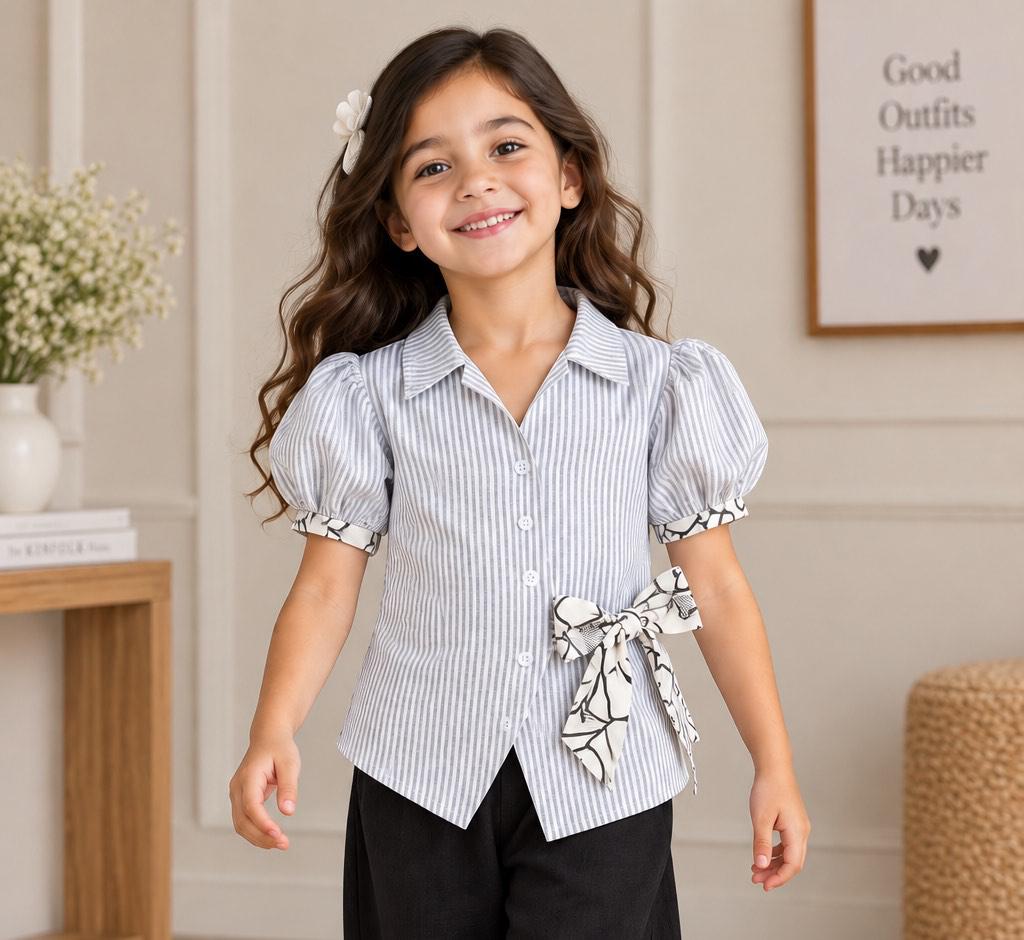 Grey & White Cotton Girls Top – Stylish & Elegant