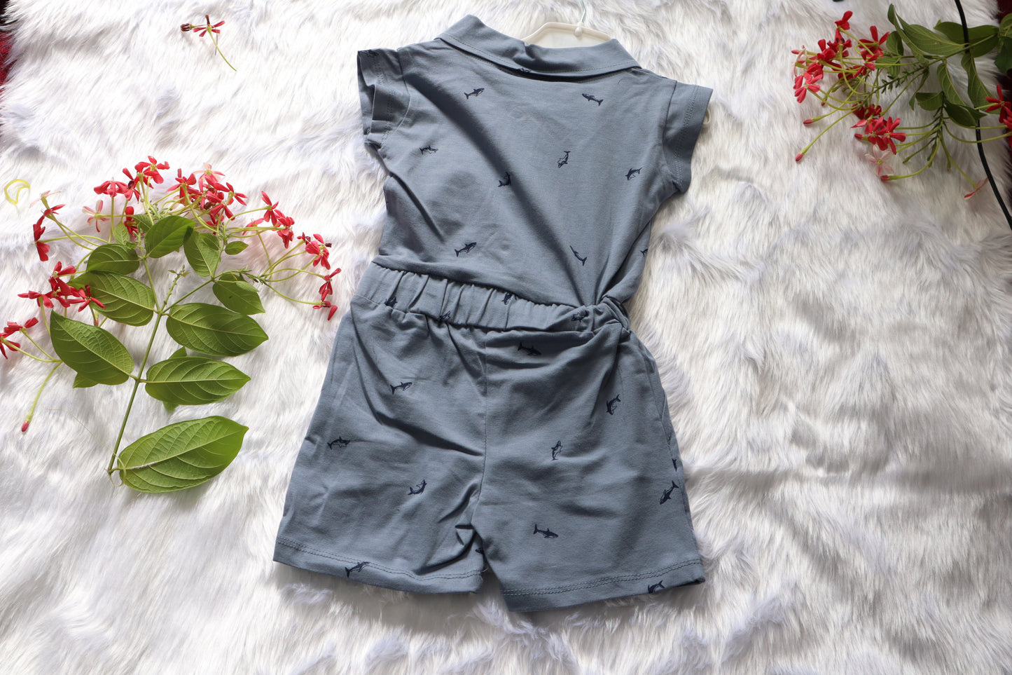 Boys Grey Shark Print Knitted Cotton Jumpsuit