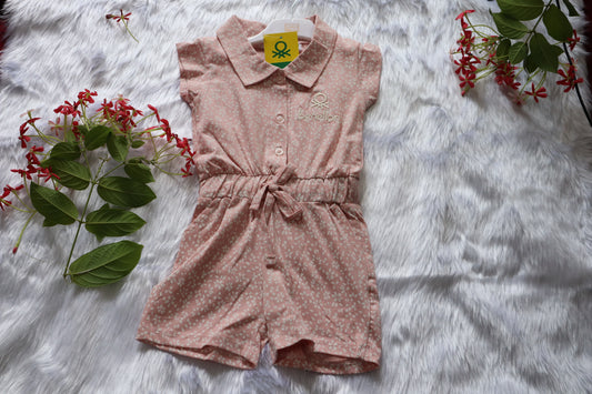 Girls Pink Floral Knitted Cotton Jumpsuit with Tie Belt