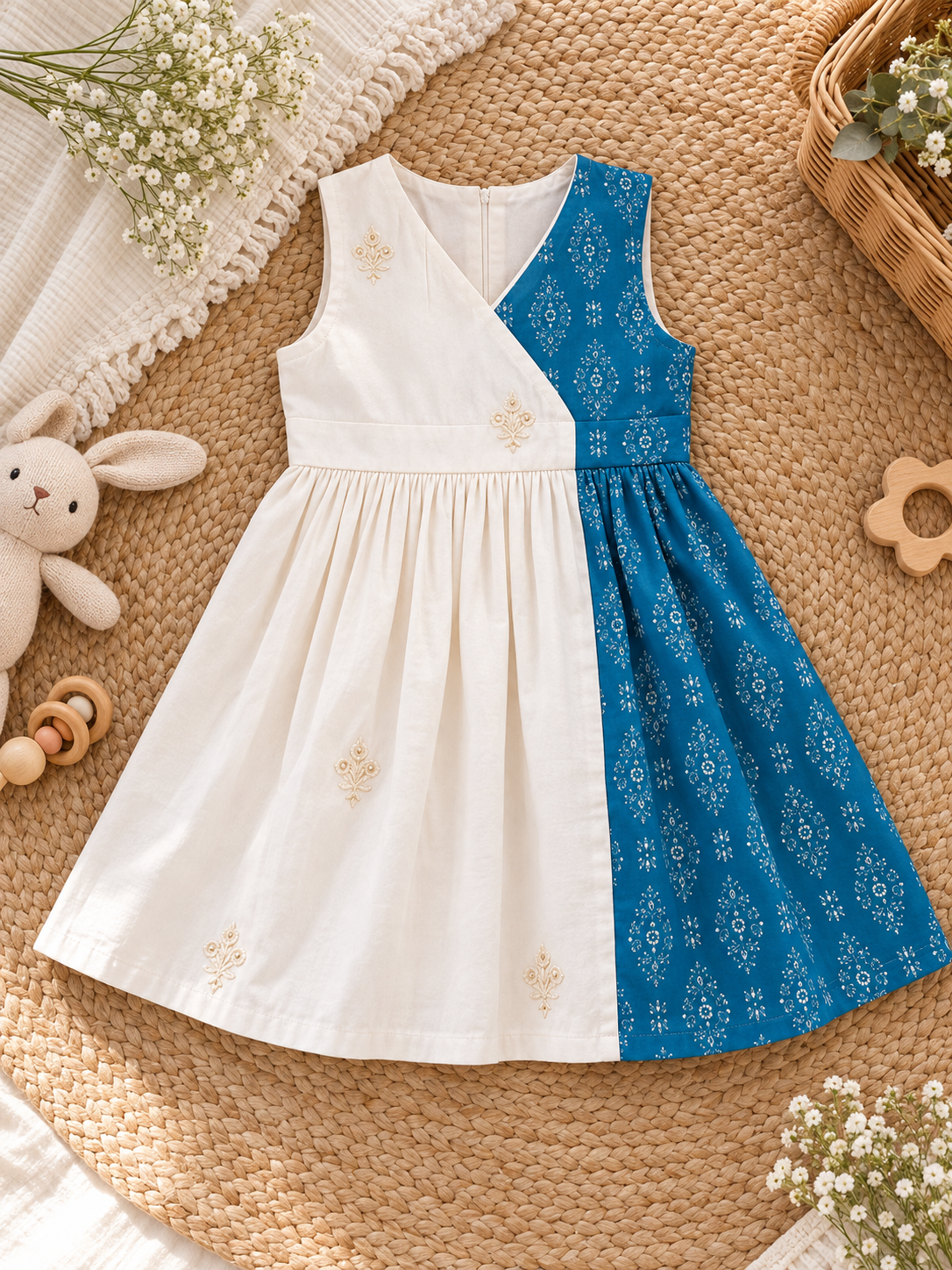 Girls Cotton Colour-Block Printed Frock – Blue & White