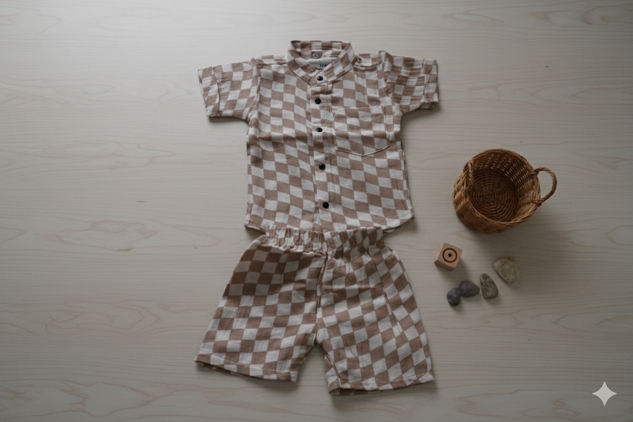 Muslin Chinese Collar Coord Set- Checks print