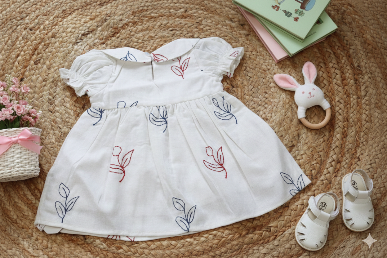 White Floral Embroidered Baby Frock – Soft Cotton Dress