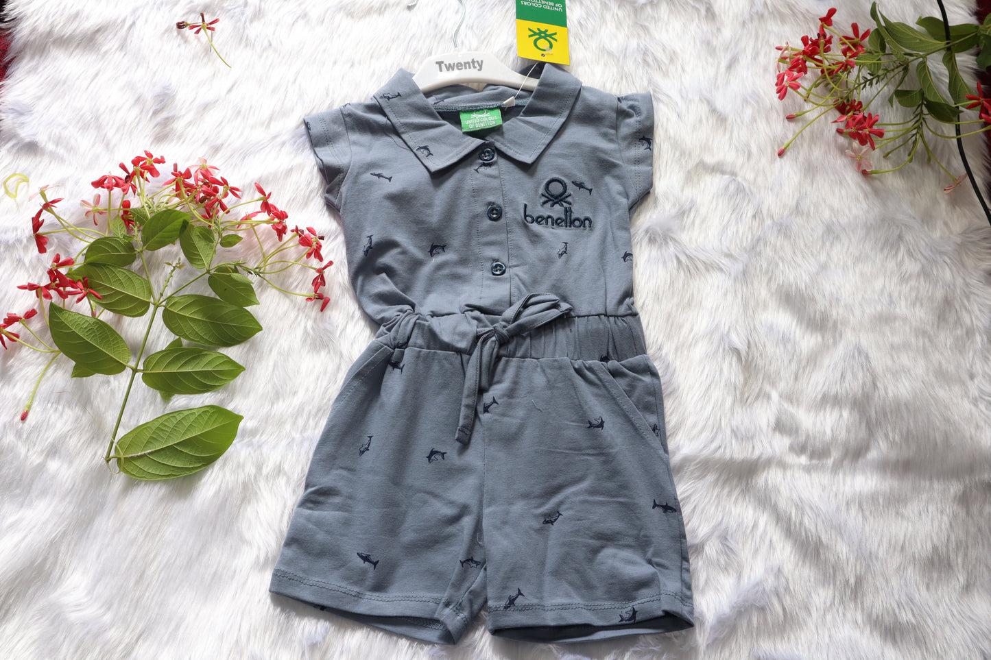 Boys Grey Shark Print Knitted Cotton Jumpsuit