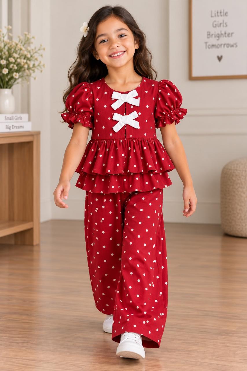 Red Cotton Girls Co-ord Set – Stylish & Comfortable