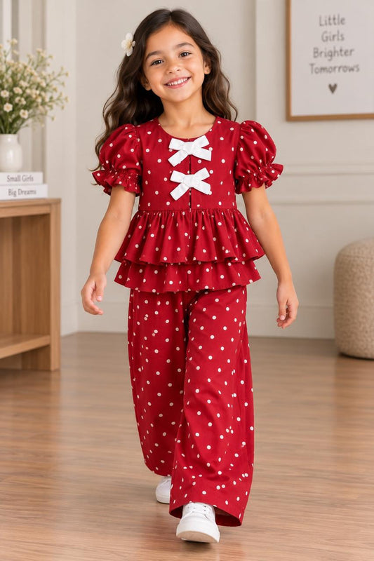 Red Cotton Girls Co-ord Set – Stylish & Comfortable