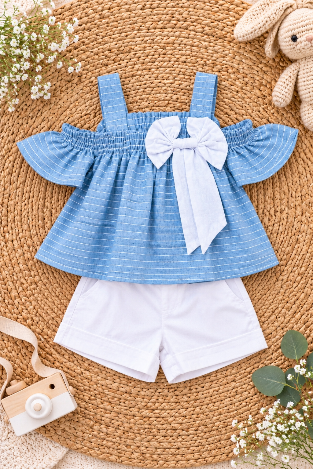 Blue Bow Ruffle Cotton Baby Girls Co-ord Set
