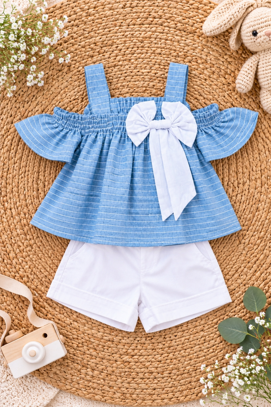 Blue Bow Ruffle Cotton Baby Girls Co-ord Set – photo 2