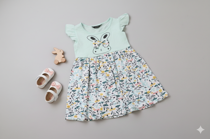 Cotton Baby Girl Frock with Floral Print & Bunny Design