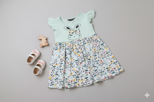 Cotton Baby Girl Frock with Floral Print & Bunny Design