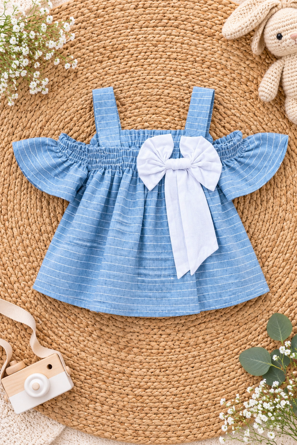Blue Bow Ruffle Cotton Baby Girls Co-ord Set