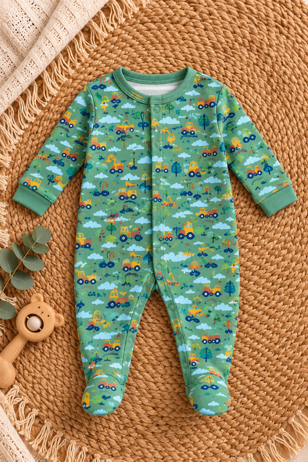 Soft Cotton Footed Sleepsuit Romper for Babies, Pack of 3, Green Collection