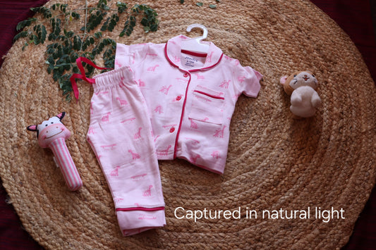 Cotton Pink Dino Print Baby Nightsuit Set
