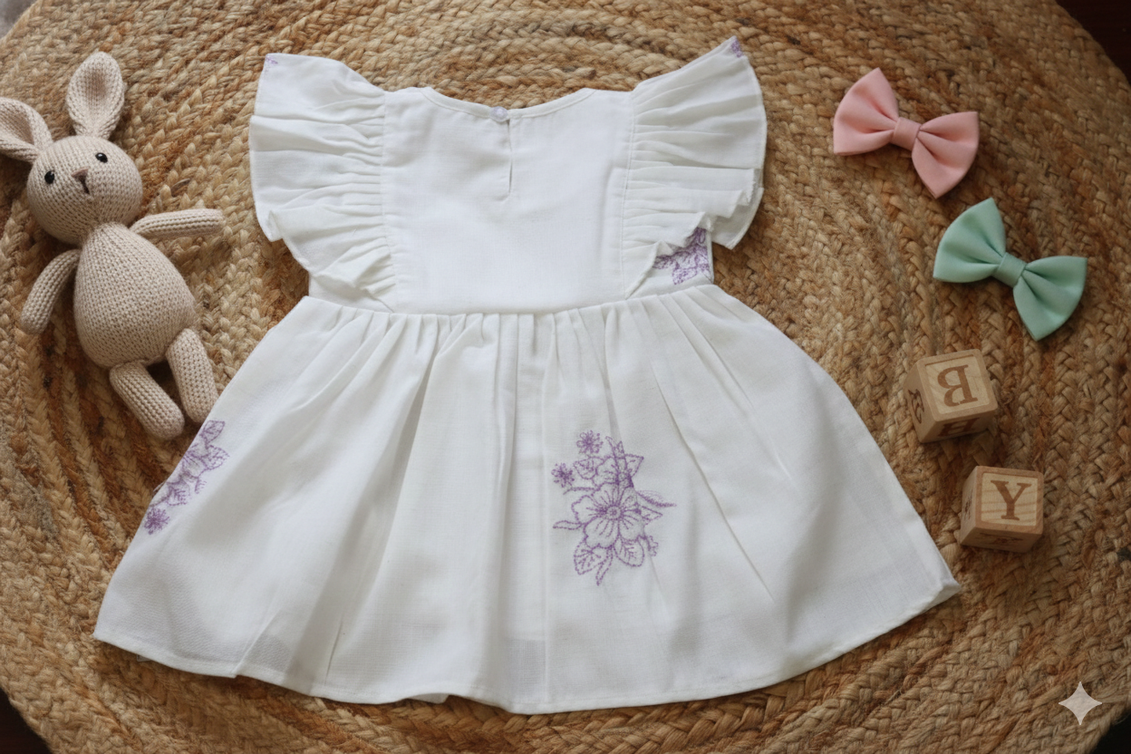 White Lilac Floral Baby Dress – Cotton Sleeved Frock