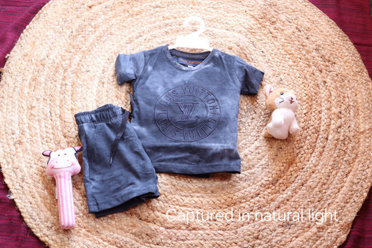 LV Inspired Kids Coord Set | Washed Grey Embroidered T-Shirt & Shorts